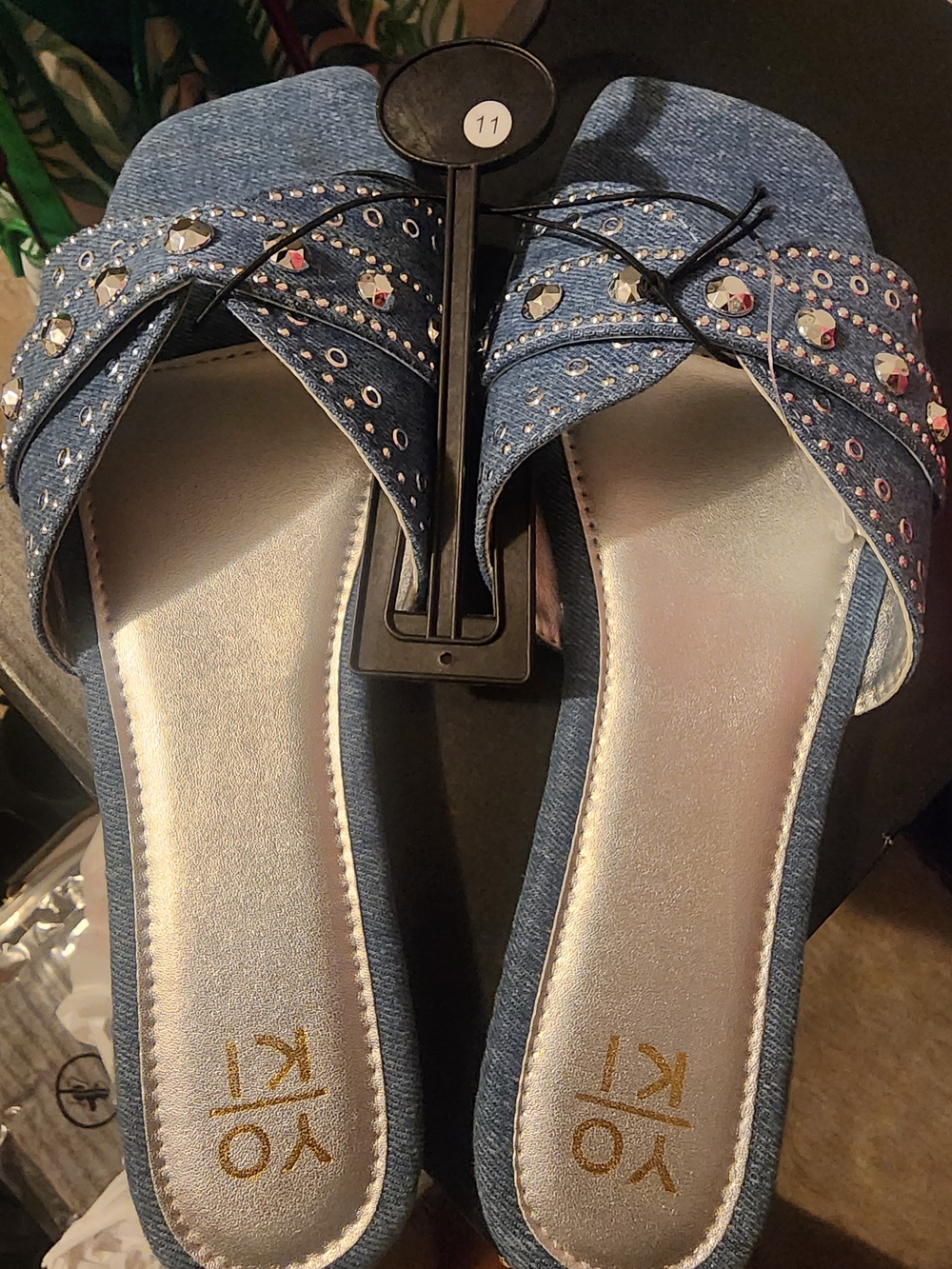 Blue Denim Slide Sandals with Rhinestone Detail